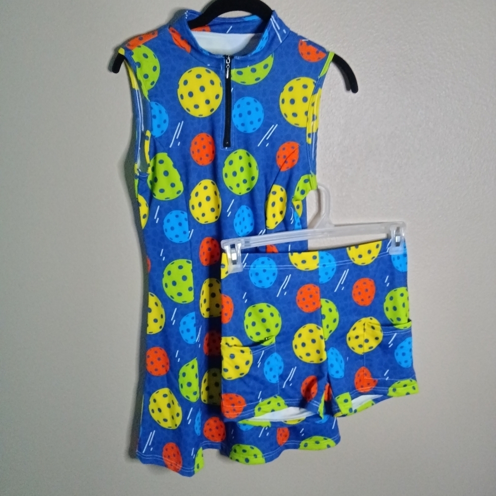 Pickle Ball Mini Dress & Short Set Blue Print Sleeveless Size S